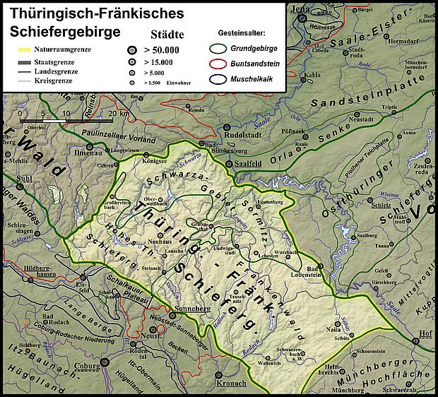 Eine Naturraumkarte des Thüringischen Schiefergebirges.